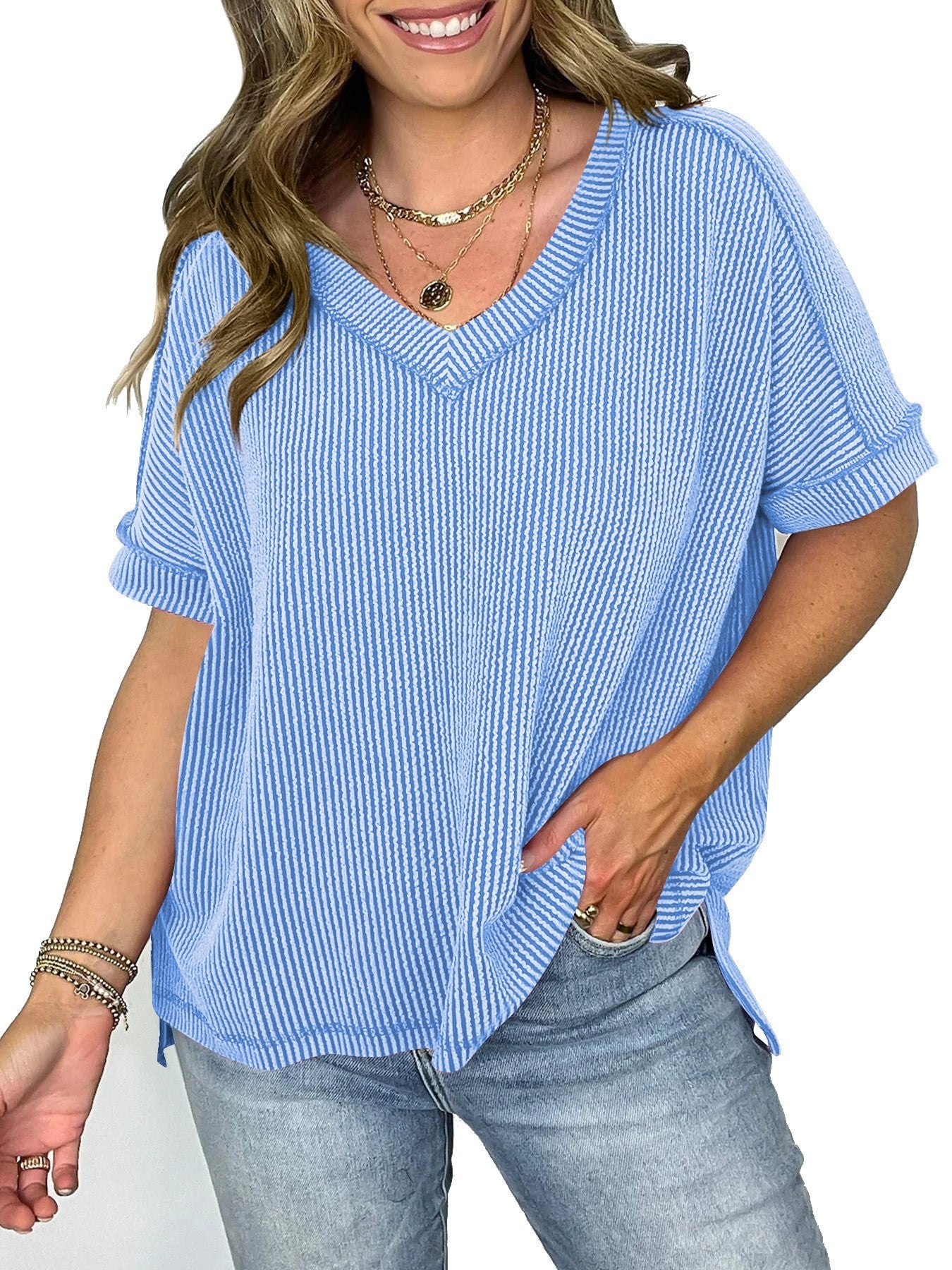 Kaia Twist-Strip V-Neck Tee