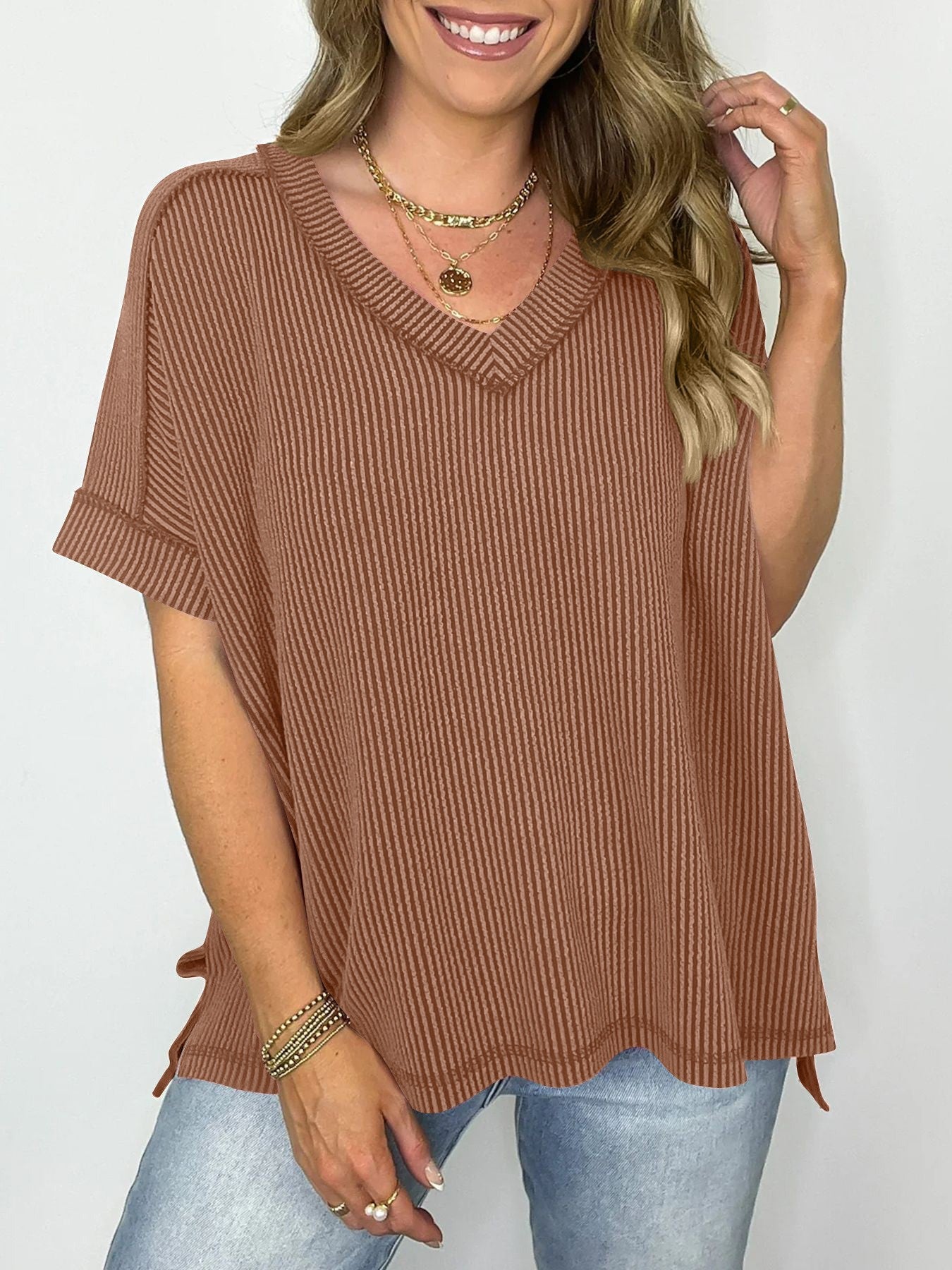 Kaia Twist-Strip V-Neck Tee