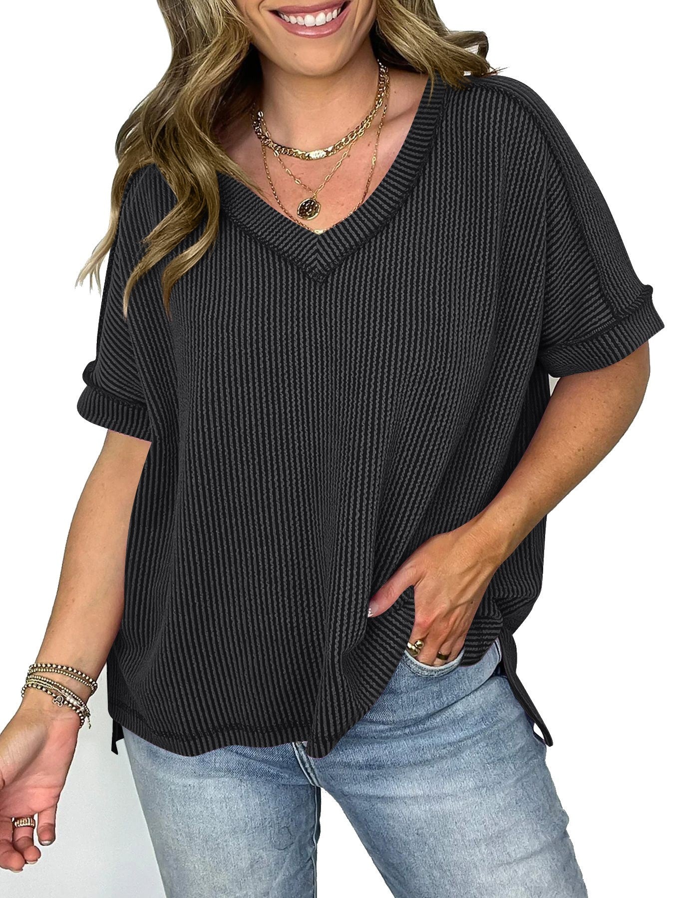 Kaia Twist-Strip V-Neck Tee